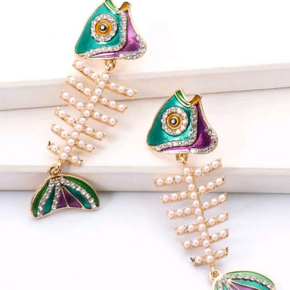 Green And Purple Enamel W/ Pearl Accent Fishbone Earrings